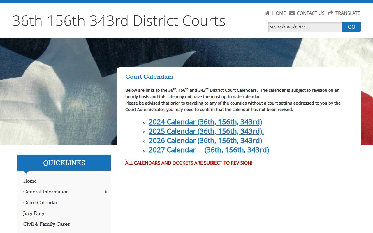 San Patricio County district court annual calendar links and revision notice