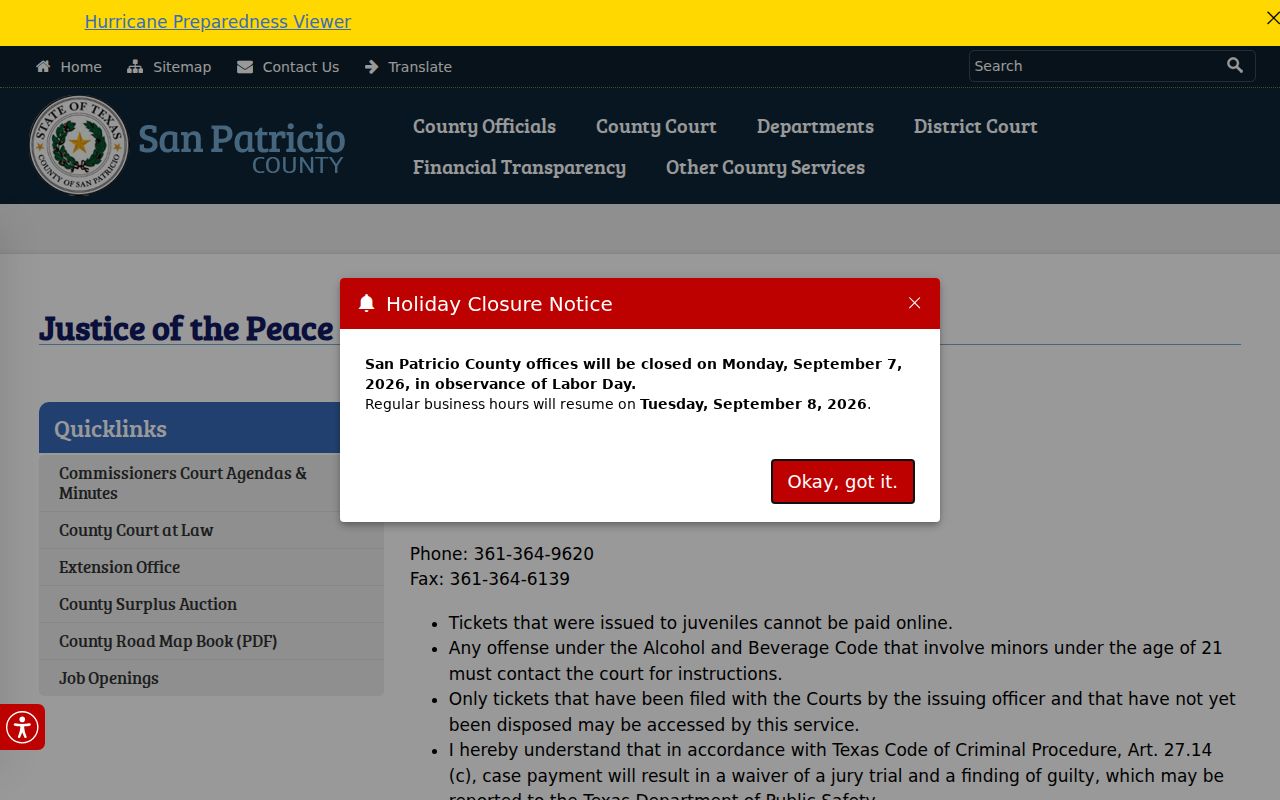 San Patricio County Justice of the Peace Precinct 1 traffic citation page