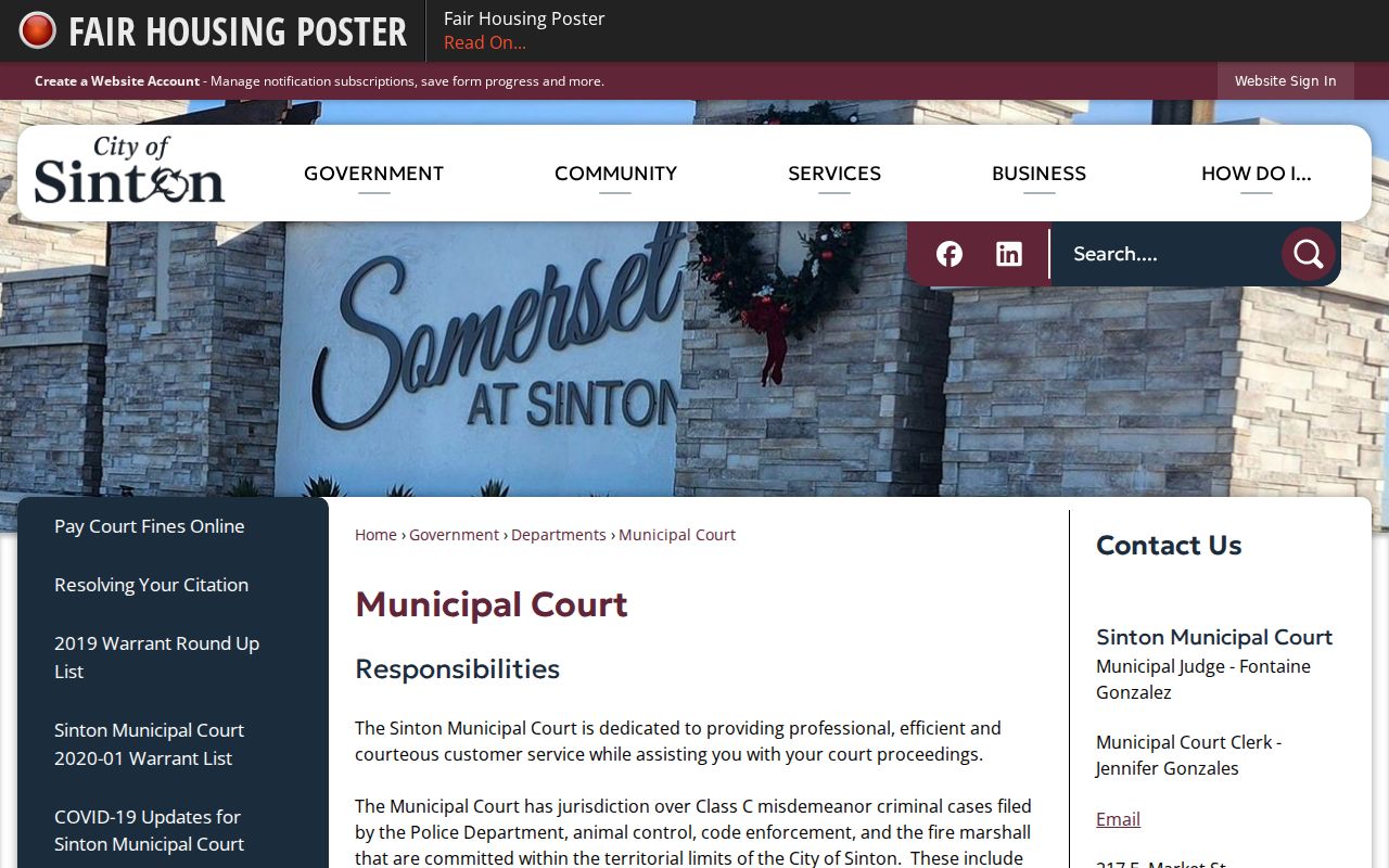 Sinton court records municipal categories and contact