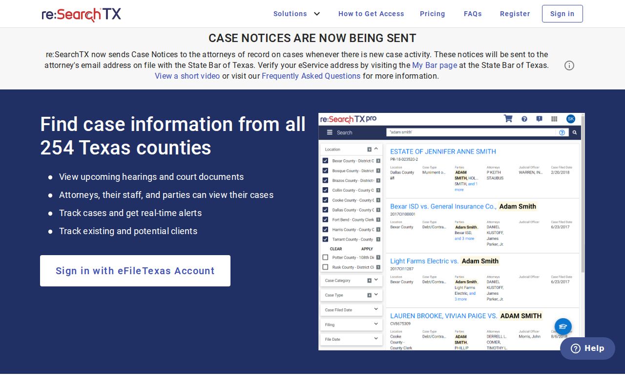 re:SearchTX screen for San Patricio County criminal docket searches