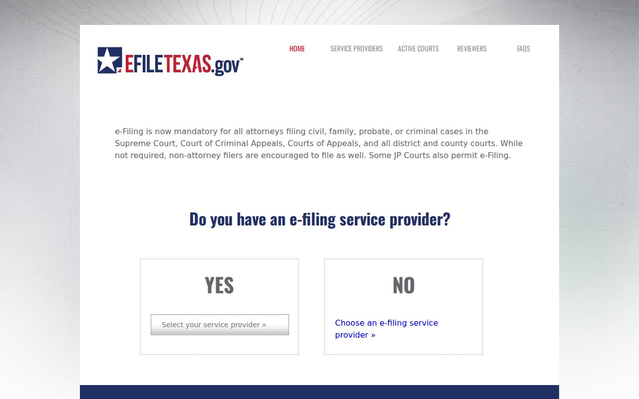 eFileTexas information page used for electronic court filing in San Patricio County