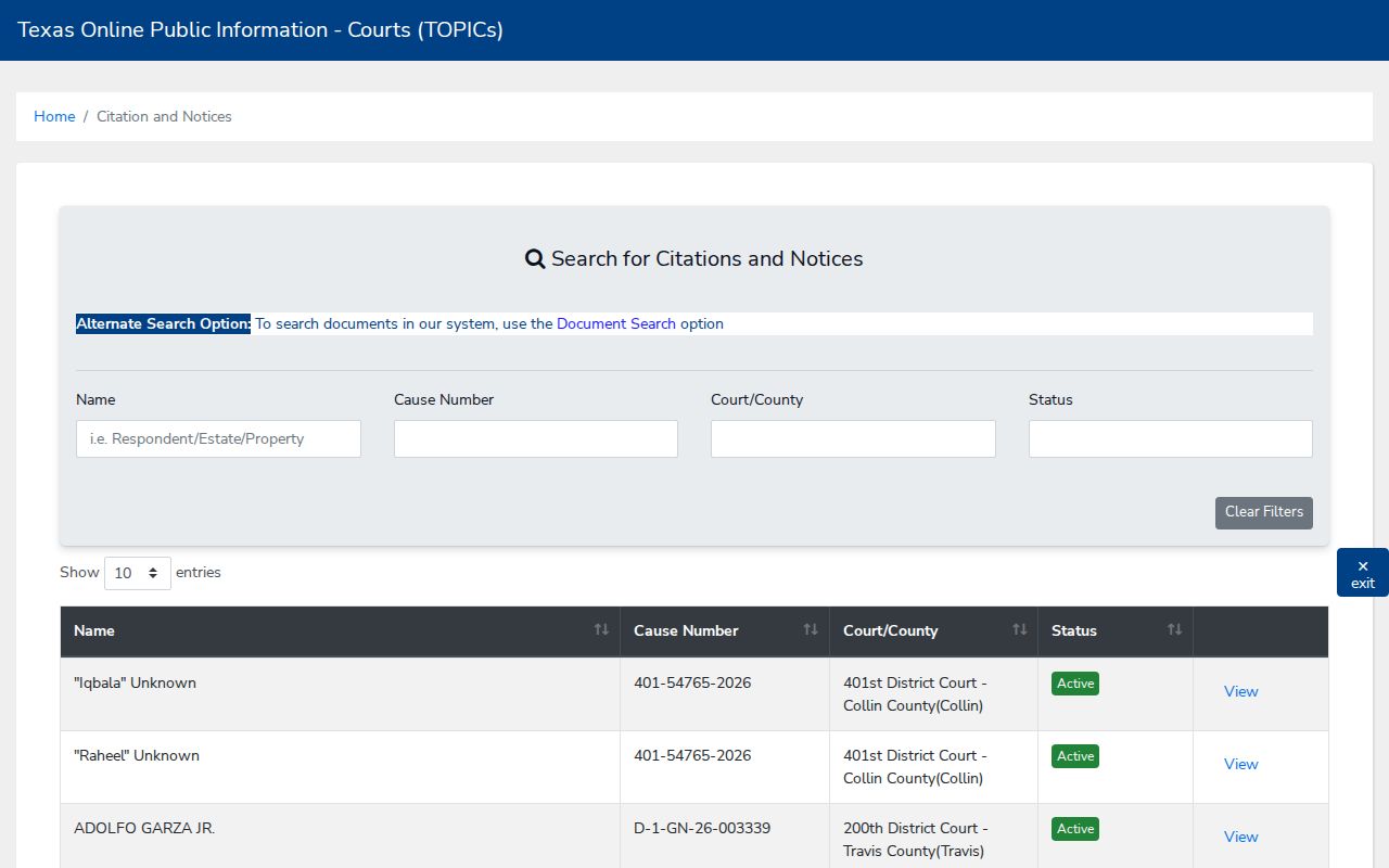 Texas public citations and notices search screen relevant to San Patricio County records