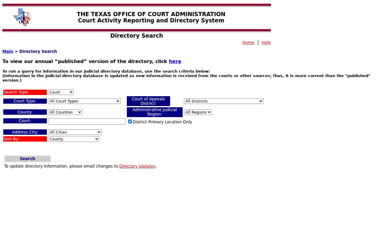 Texas court directory search page for locating San Patricio County court contacts